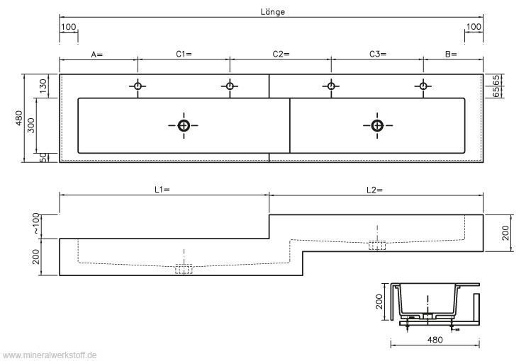 Technische Zeichnung Varicor Stufenwaschrinne STWR
