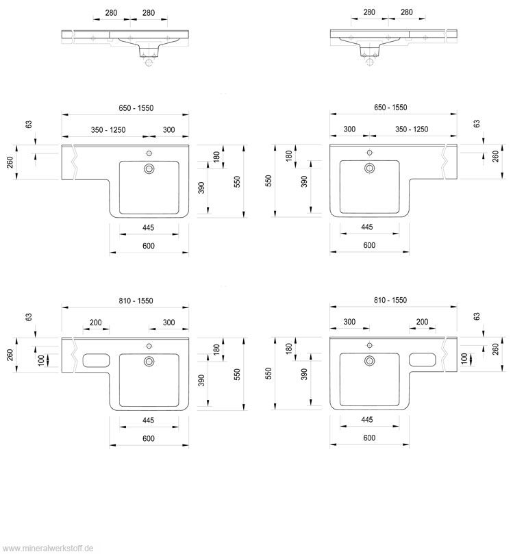 Technische Zeichnung Dejuna Pro Einzelwaschtisch links oder rechts
